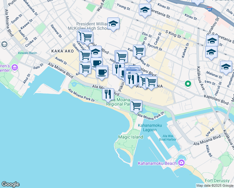map of restaurants, bars, coffee shops, grocery stores, and more near Ala Moana Boulevard & Piikoi Street in Honolulu