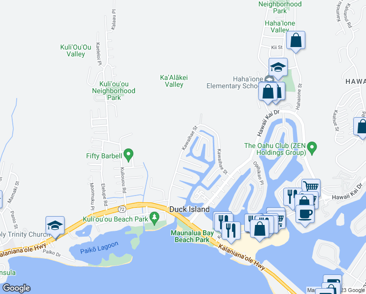 map of restaurants, bars, coffee shops, grocery stores, and more near 351 Kawaihae Street in Honolulu