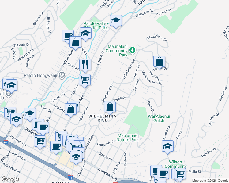 map of restaurants, bars, coffee shops, grocery stores, and more near 1751 Wilhelmina Rise in Honolulu