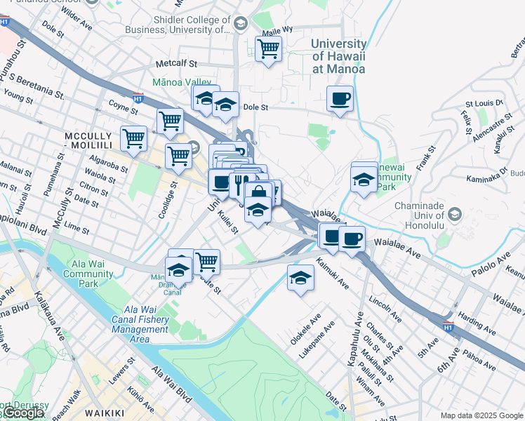 map of restaurants, bars, coffee shops, grocery stores, and more near 2718 South King Street in Honolulu