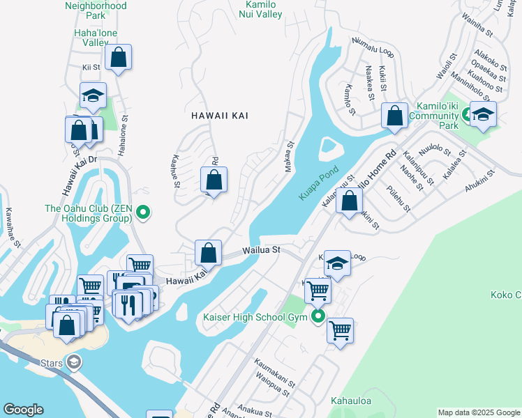 map of restaurants, bars, coffee shops, grocery stores, and more near 7131 Makaa Street in Honolulu