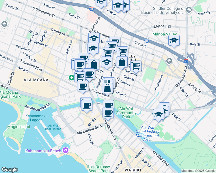 map of restaurants, bars, coffee shops, grocery stores, and more near 731 Pumehana Street in Honolulu