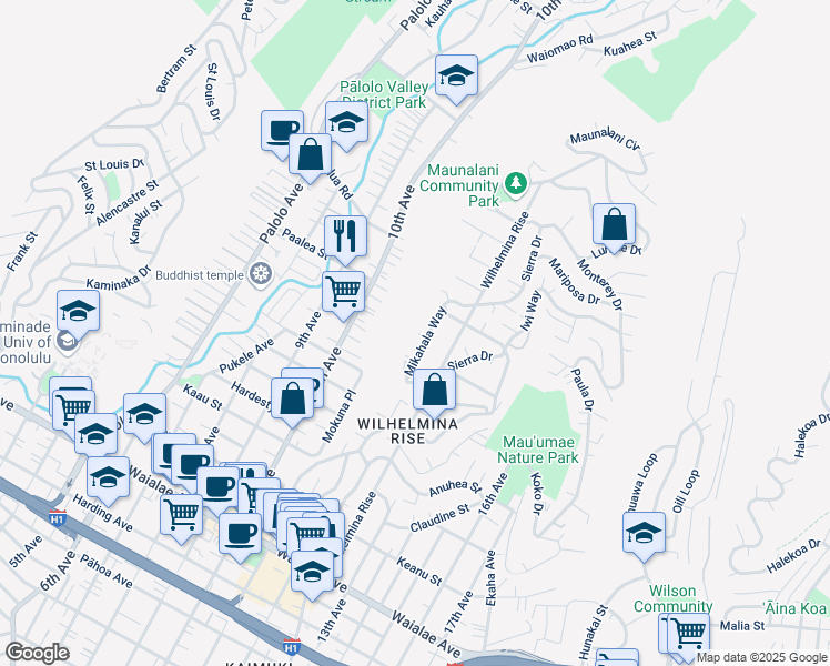 map of restaurants, bars, coffee shops, grocery stores, and more near 1722 Mikahala Way in Honolulu