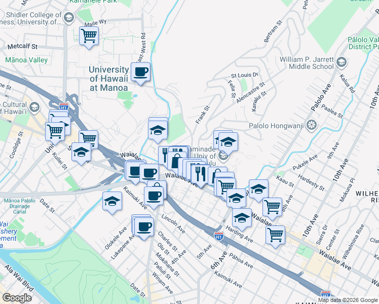 map of restaurants, bars, coffee shops, grocery stores, and more near 2945 Dole Street in Honolulu
