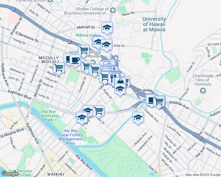map of restaurants, bars, coffee shops, grocery stores, and more near 2645 S King St in Honolulu