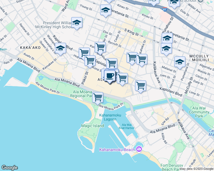 map of restaurants, bars, coffee shops, grocery stores, and more near 1450 Ala Moana Boulevard in Honolulu
