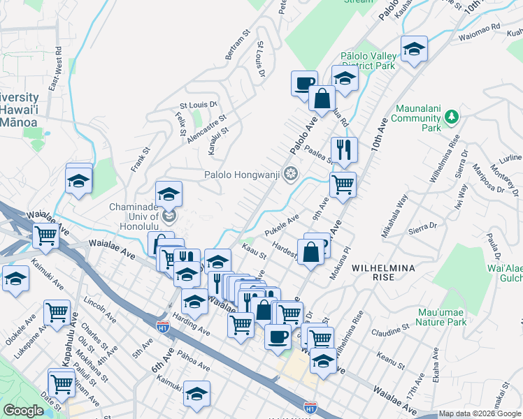 map of restaurants, bars, coffee shops, grocery stores, and more near 1533 Palolo Avenue in Honolulu