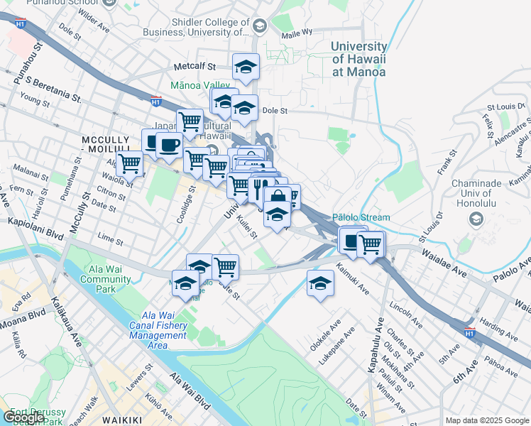 map of restaurants, bars, coffee shops, grocery stores, and more near 2645 South King Street in Honolulu
