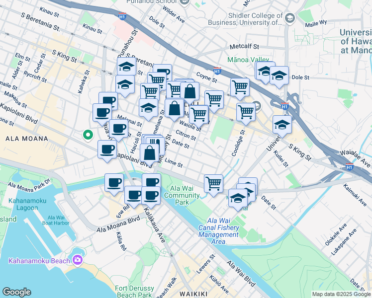 map of restaurants, bars, coffee shops, grocery stores, and more near 2113 Date Street in Honolulu