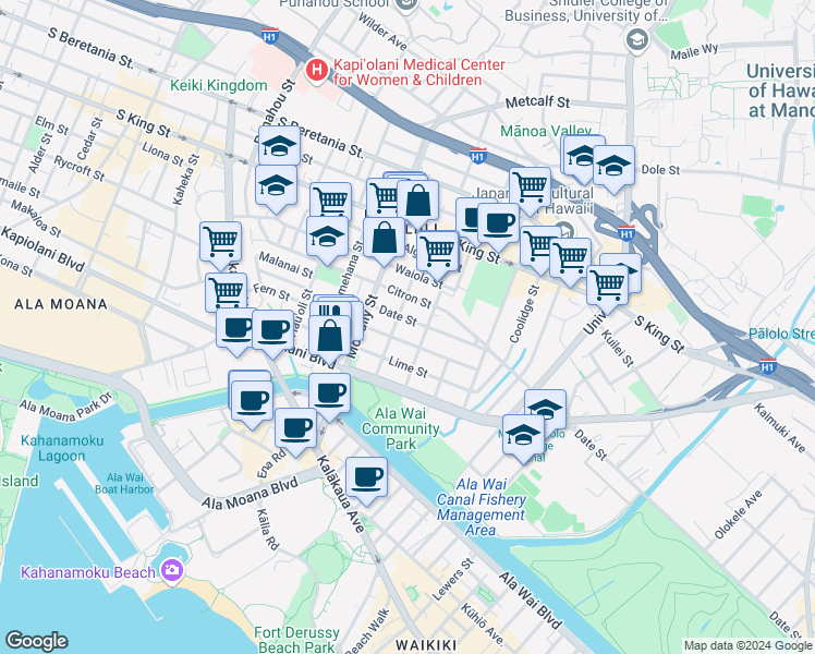 map of restaurants, bars, coffee shops, grocery stores, and more near 2113 Date Street in Honolulu