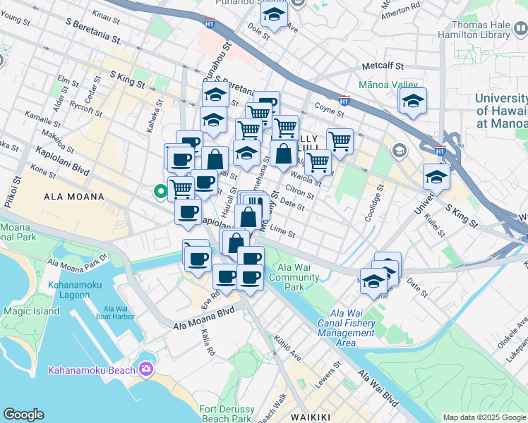 map of restaurants, bars, coffee shops, grocery stores, and more near 761 McCully Street in Honolulu