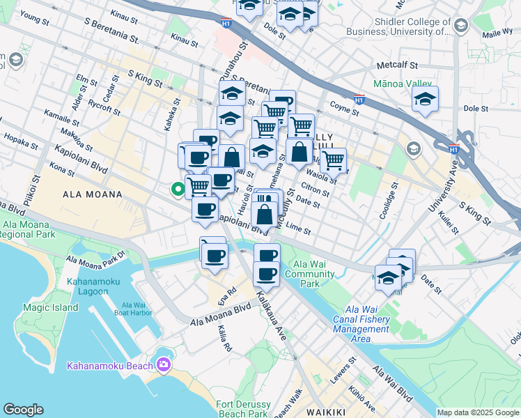 map of restaurants, bars, coffee shops, grocery stores, and more near 731 Pumehana Street in Honolulu