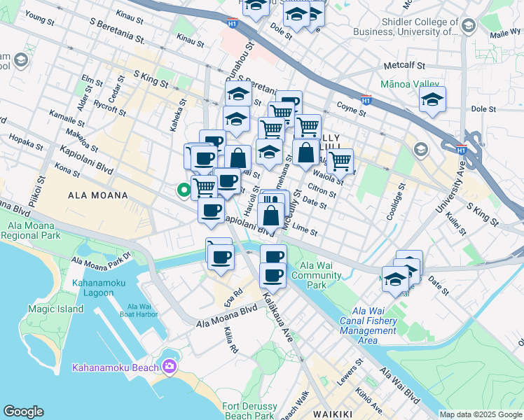 map of restaurants, bars, coffee shops, grocery stores, and more near 731 Pumehana Street in Honolulu