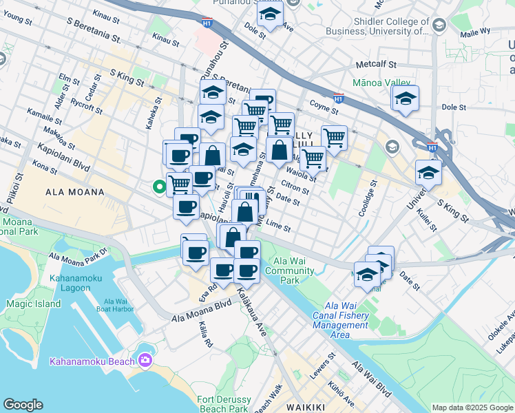 map of restaurants, bars, coffee shops, grocery stores, and more near 1923 Fern Street in Honolulu