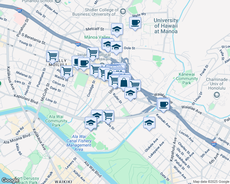 map of restaurants, bars, coffee shops, grocery stores, and more near 931 University Avenue in Honolulu