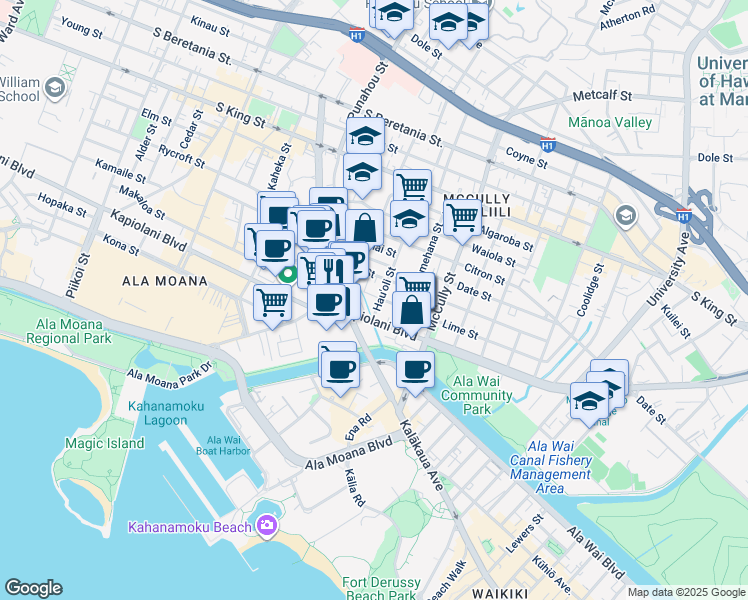 map of restaurants, bars, coffee shops, grocery stores, and more near 1749 Lime Street in Honolulu