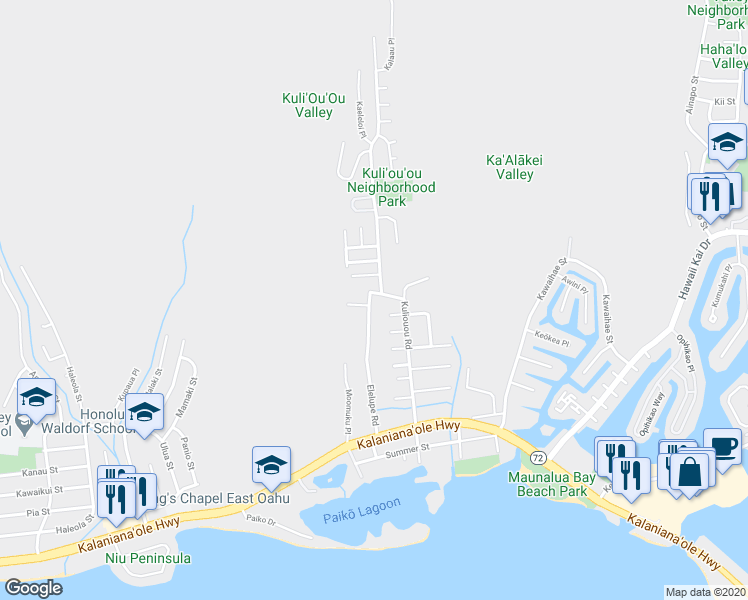 map of restaurants, bars, coffee shops, grocery stores, and more near 365 Elelupe Road in Honolulu
