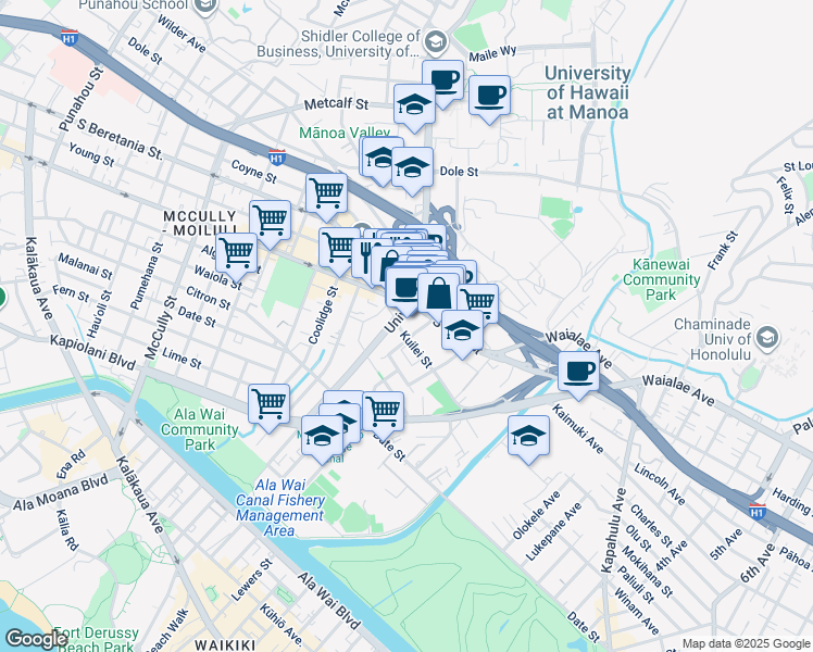 map of restaurants, bars, coffee shops, grocery stores, and more near 931 University Avenue in Honolulu