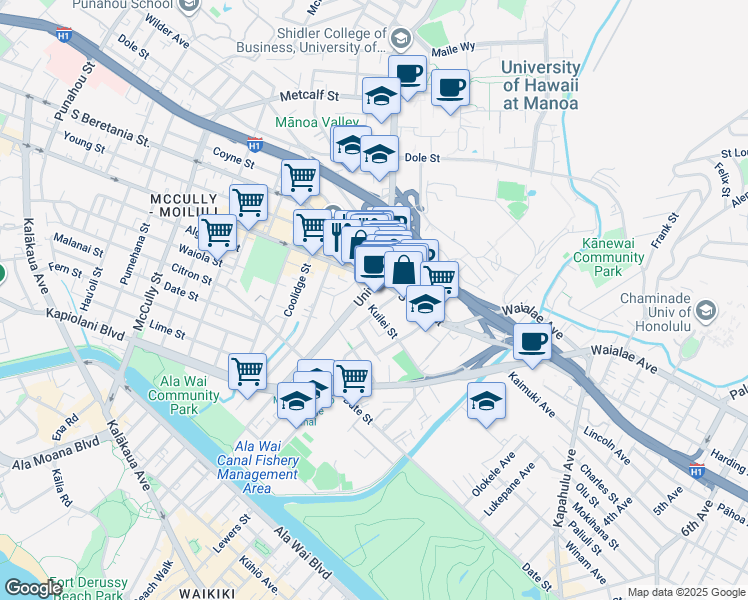 map of restaurants, bars, coffee shops, grocery stores, and more near 2626 Kuilei Street in Honolulu