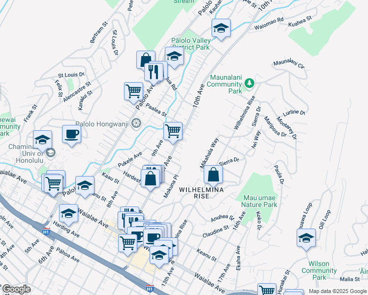 map of restaurants, bars, coffee shops, grocery stores, and more near 1715 10th Avenue in Honolulu