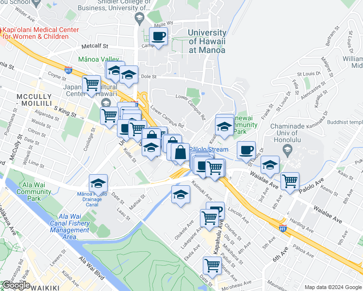 map of restaurants, bars, coffee shops, grocery stores, and more near 2760 Kalele Road in Honolulu