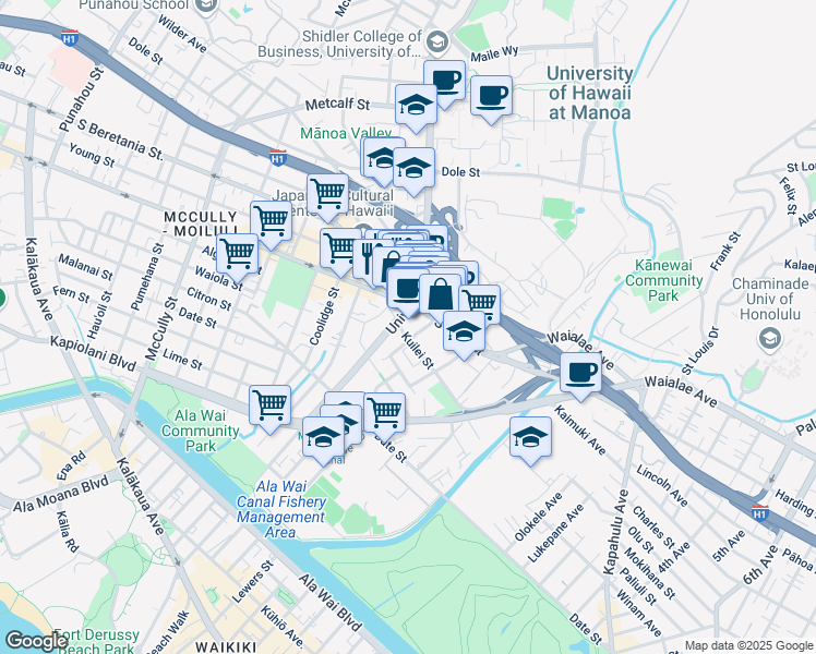 map of restaurants, bars, coffee shops, grocery stores, and more near 931 University Avenue in Honolulu