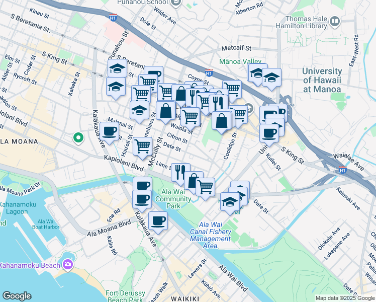 map of restaurants, bars, coffee shops, grocery stores, and more near 2214 Date Street in Honolulu