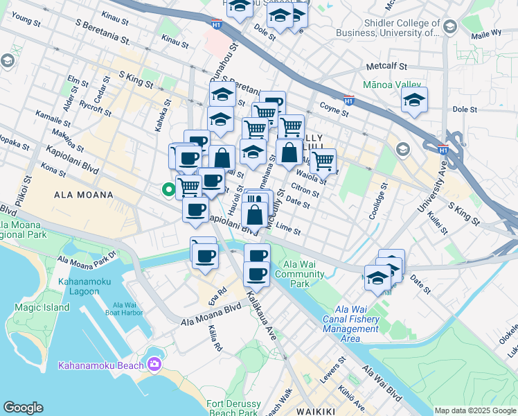 map of restaurants, bars, coffee shops, grocery stores, and more near 731 Pumehana Street in Honolulu