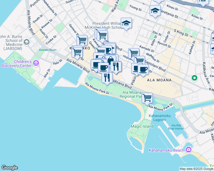 map of restaurants, bars, coffee shops, grocery stores, and more near 1201 Ala Moana Blvd in Honolulu