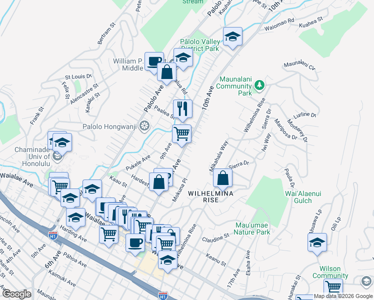 map of restaurants, bars, coffee shops, grocery stores, and more near 1634 10th Avenue in Honolulu