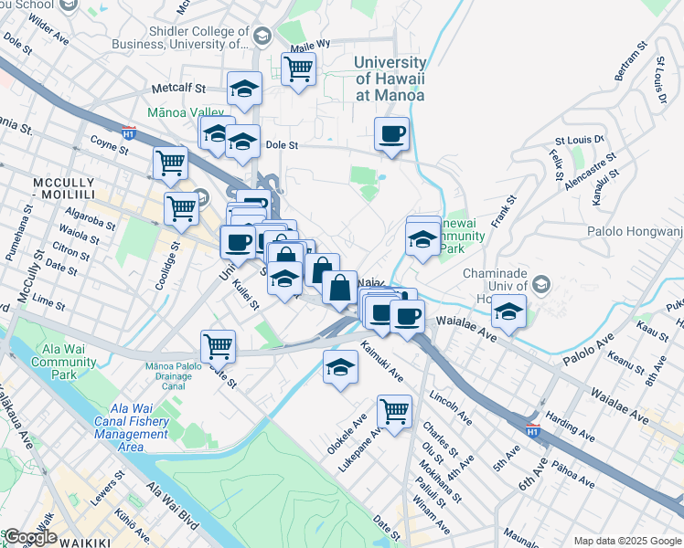 map of restaurants, bars, coffee shops, grocery stores, and more near 2902 Varsity Circle in Honolulu