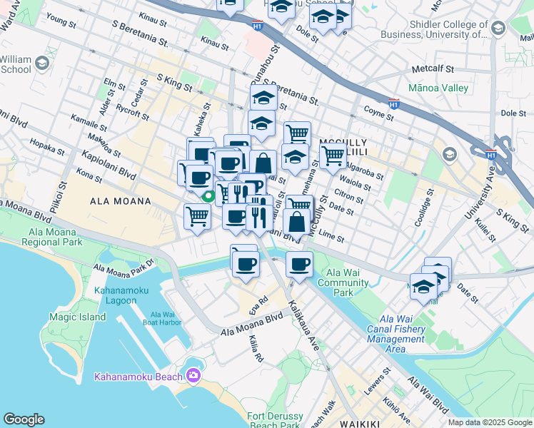 map of restaurants, bars, coffee shops, grocery stores, and more near 1745 Lime Street in Honolulu