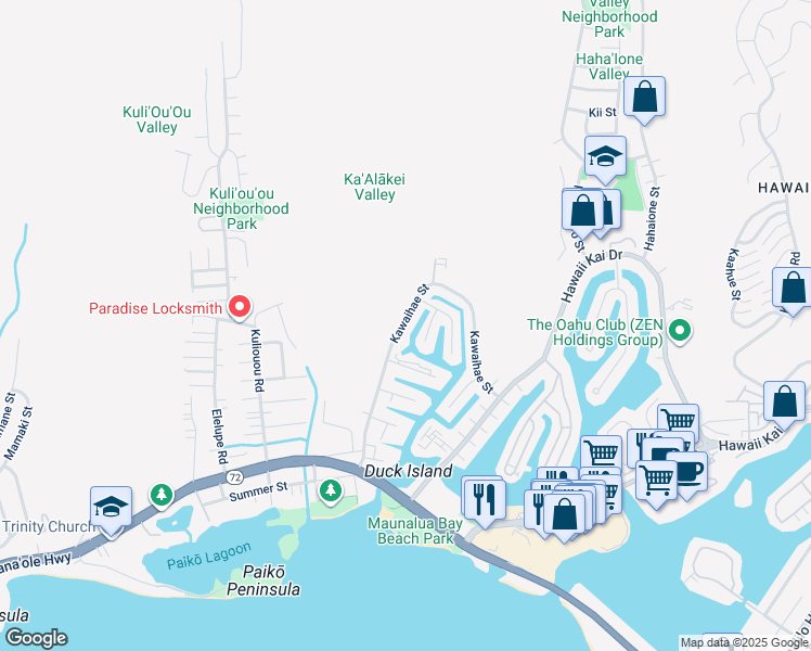 map of restaurants, bars, coffee shops, grocery stores, and more near 351 Kawaihae Street in Honolulu