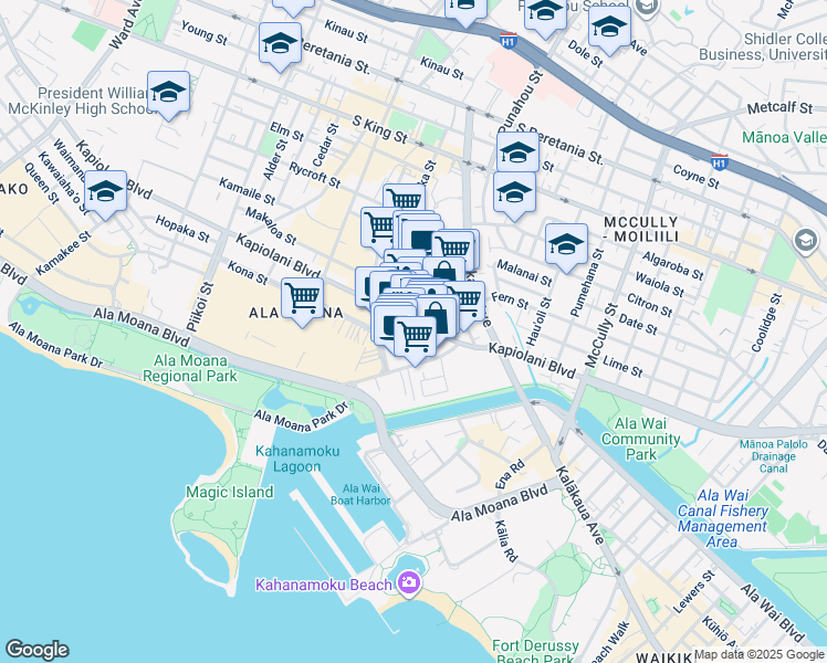 map of restaurants, bars, coffee shops, grocery stores, and more near 1637 Kapiolani Boulevard in Honolulu