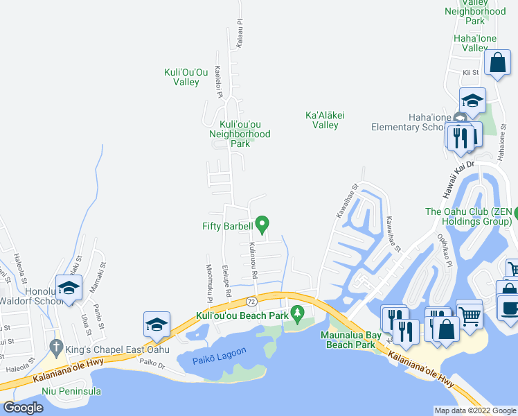 map of restaurants, bars, coffee shops, grocery stores, and more near 343 Kuliouou Road in Honolulu