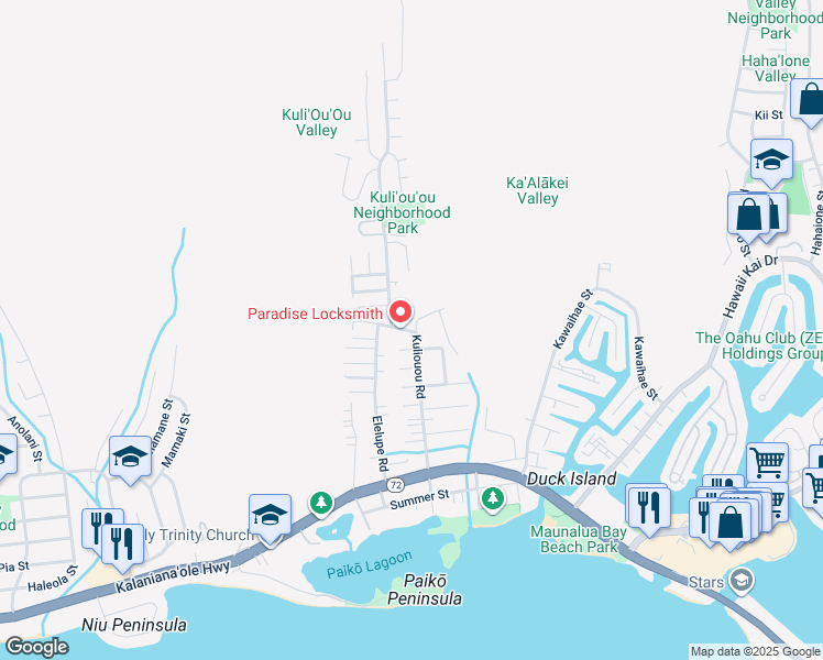 map of restaurants, bars, coffee shops, grocery stores, and more near 343 Kuliouou Road in Honolulu