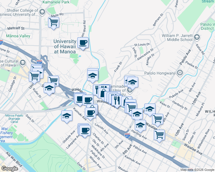 map of restaurants, bars, coffee shops, grocery stores, and more near 2945 Dole Street in Honolulu