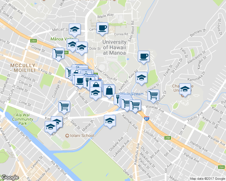 map of restaurants, bars, coffee shops, grocery stores, and more near 2700 Waialae Avenue in Honolulu