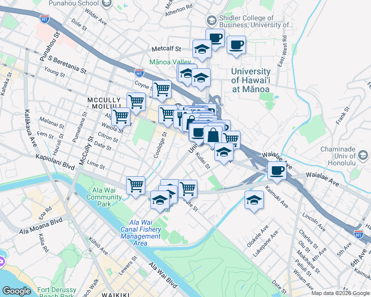 map of restaurants, bars, coffee shops, grocery stores, and more near 931 University Avenue in Honolulu