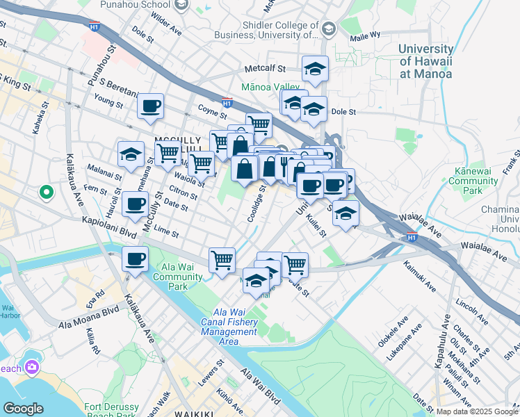 map of restaurants, bars, coffee shops, grocery stores, and more near 808 Coolidge Street in Honolulu