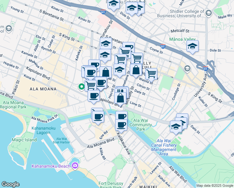 map of restaurants, bars, coffee shops, grocery stores, and more near 731 Pumehana Street in Honolulu