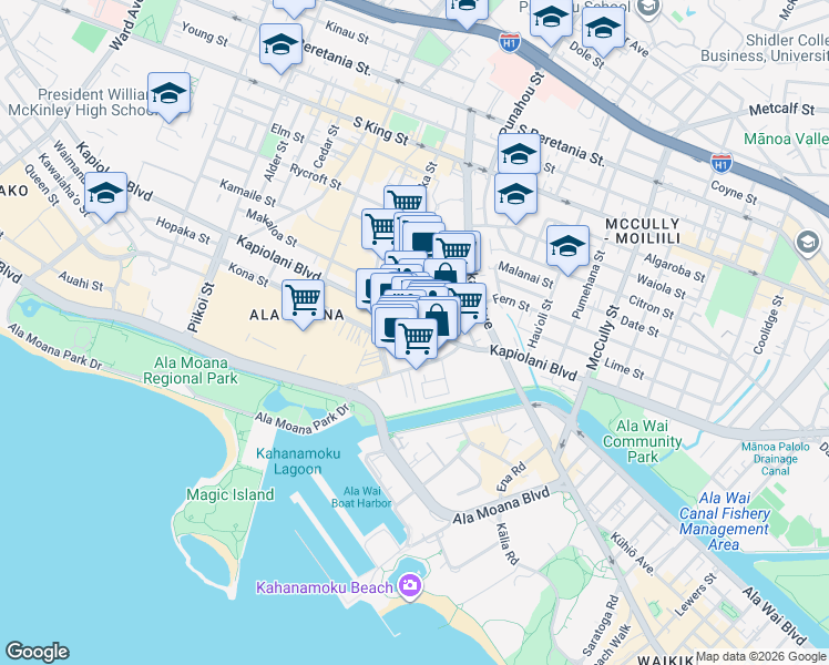 map of restaurants, bars, coffee shops, grocery stores, and more near 1637 Kapiolani Boulevard in Honolulu