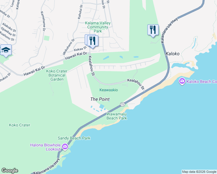 map of restaurants, bars, coffee shops, grocery stores, and more near 341 Kuanalu Place in Honolulu