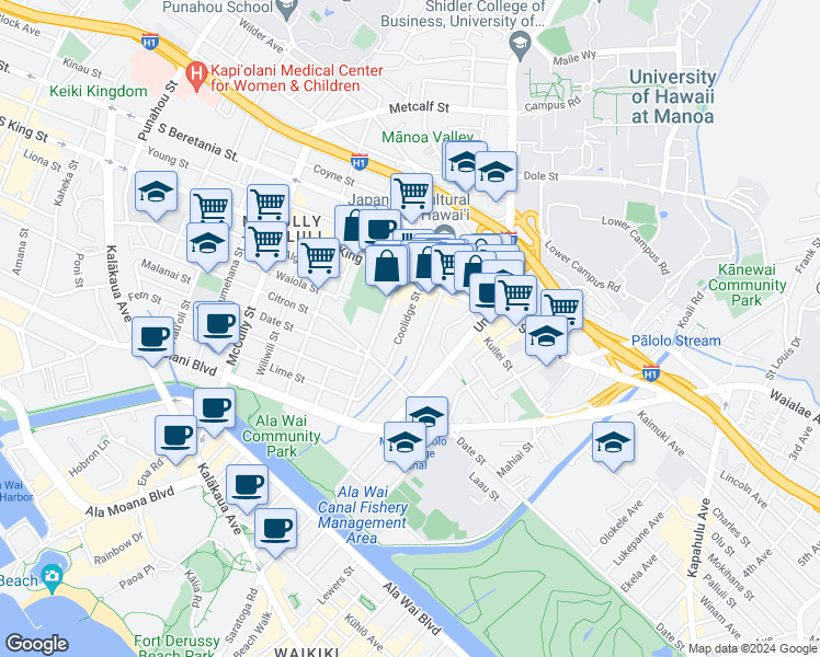 map of restaurants, bars, coffee shops, grocery stores, and more near 825 Coolidge Street in Honolulu