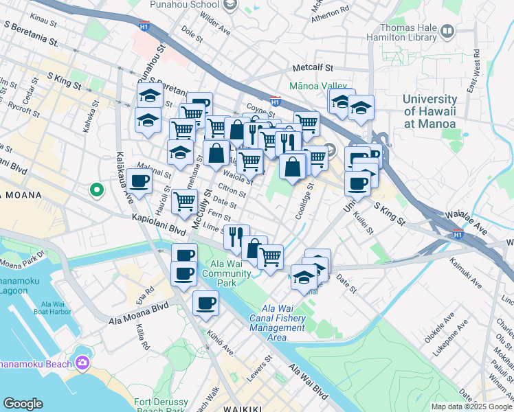 map of restaurants, bars, coffee shops, grocery stores, and more near 2219 Citron Street in Honolulu