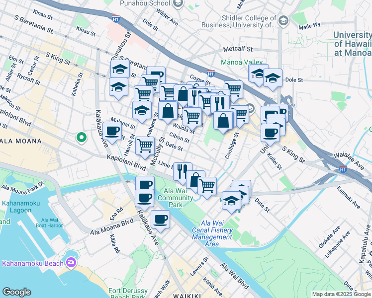 map of restaurants, bars, coffee shops, grocery stores, and more near 2214 Date Street in Honolulu