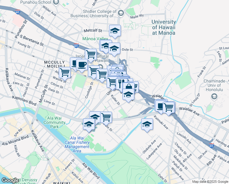 map of restaurants, bars, coffee shops, grocery stores, and more near 2615 South King Street in Honolulu