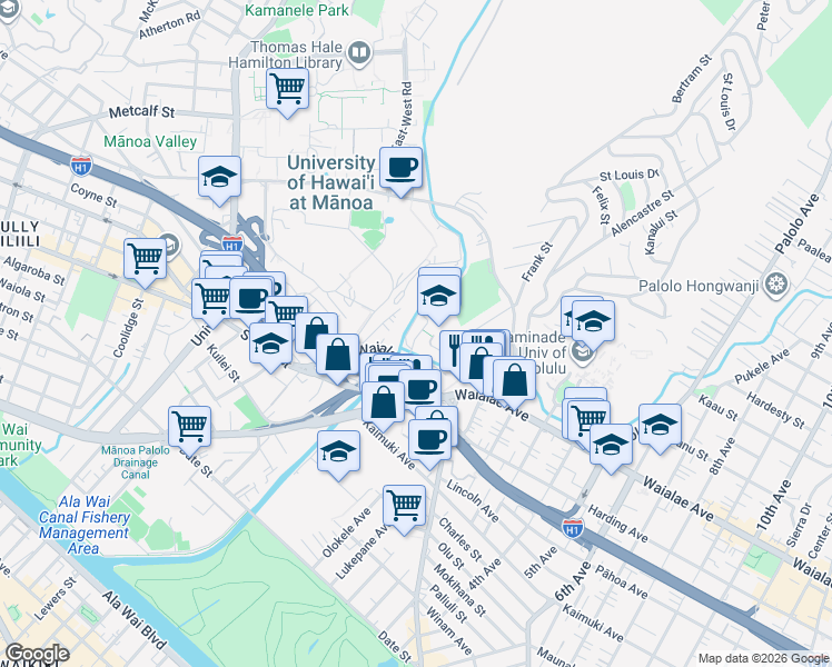 map of restaurants, bars, coffee shops, grocery stores, and more near in Honolulu