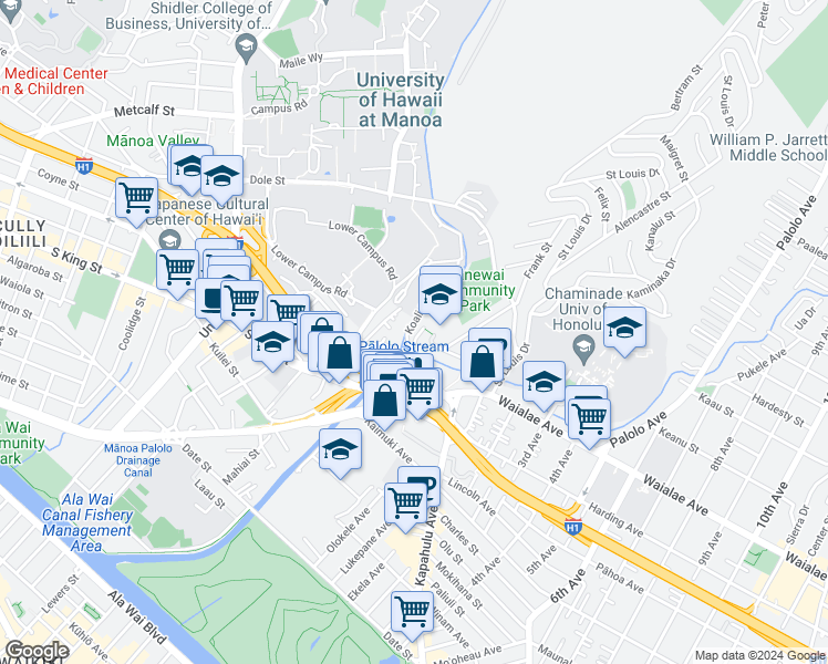 map of restaurants, bars, coffee shops, grocery stores, and more near 2830 Waialae Avenue in Honolulu
