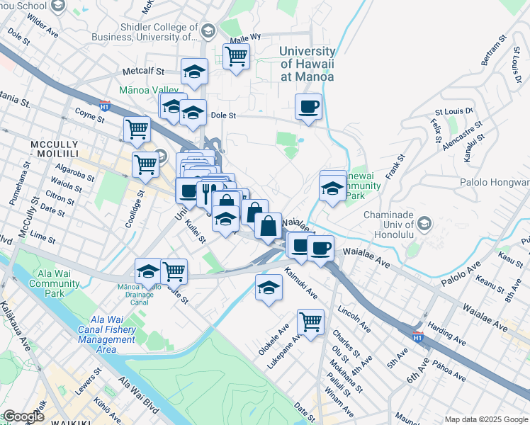 map of restaurants, bars, coffee shops, grocery stores, and more near 2700 Waialae Avenue in Honolulu